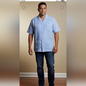 CONTIGO Button Up Shirt Mens Latino Style Short Sleeve 4 Pocket Relax Boss Sz L